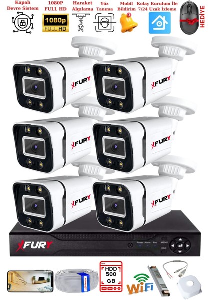 6 Kameralı 1080P Görüntü Gece Renkli Full Hd 4 x Ultra LED Gece Renkli Güvenlik Kamerası Seti 500 GB fiyatları