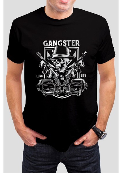Gangster Kuru Kafa Baskılı Siyah Unisex Tişört