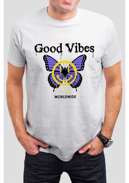 Kelebek Baskılı Beyaz Unisex Tişört