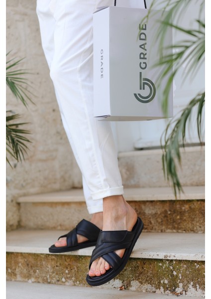 Hakiki Deri Kalın Çapraz Bantlı Ortopedik Tasarım Günlük Kullanıma Uygun Erkek Terlik