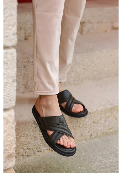 Hakiki Deri Kalın Çapraz Bantlı Ortopedik Tasarım Günlük Kullanıma Uygun Erkek Terlik fiyatları