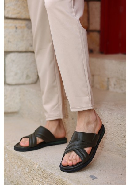 Hakiki Deri Kalın Çapraz Bantlı Ortopedik Tasarım Günlük Kullanıma Uygun Erkek Terlik modelleri