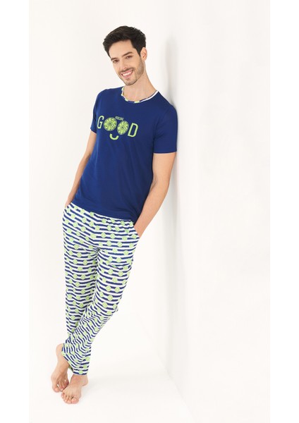 Lacivert Viskon Yuvarlak Yaka Erkek Pijama Takımı