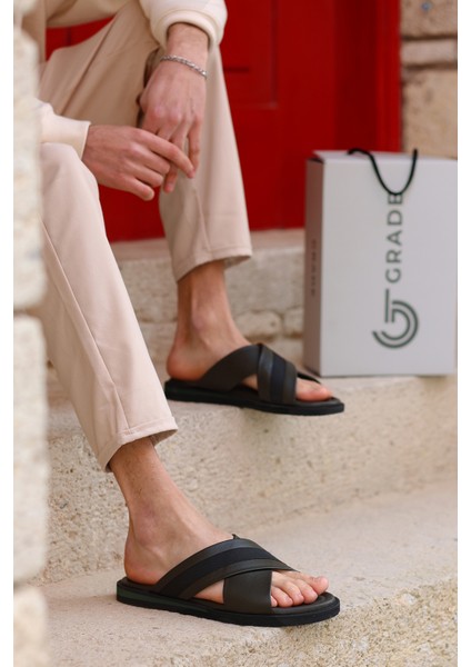 Hakiki Deri Önü Açık Çapraz Bantlı Ortopedik Taban Erkek Terlik