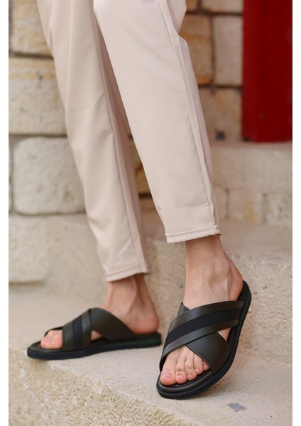 Hakiki Deri Önü Açık Çapraz Bantlı Ortopedik Taban Erkek Terlik fiyatları