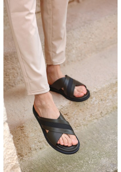 Hakiki Deri Önü Açık Çapraz Bantlı Ortopedik Taban Erkek Terlik modelleri