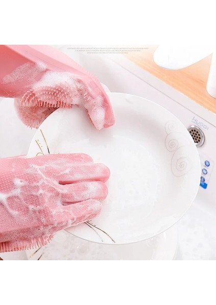 Pembe Tarzı Sihirli Silikon Eldiven Mutfak Necessaire Temizlik Bulaşık Yıkama Kauçuk Fırçalama Eldiven Çok Fonksiyonlu Ev Çalışma Eldivenleri Nitril (Yurt Dışından)