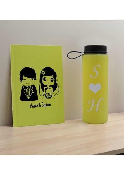Sevgiliye Özel Isimli Sarı Defter ve Cam Matara Hediye Seti-1, Sevgiliye Hediye, Sevgililer Günü, Yeni Iş Hediyesi