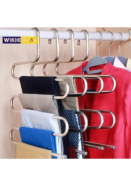 Gümüş Tarzı Wıkhostar 5 Kat Paslanmaz Çelik Pantolon Askısı S Tipi Kaymaz Elbise Rafı Çok Fonksiyonlu Elbise Askısı Pantolon Depolama Rafı (Yurt Dışından)
