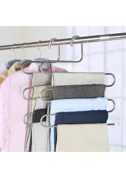 Gümüş Tarzı Wıkhostar 5 Kat Paslanmaz Çelik Pantolon Askısı S Tipi Kaymaz Elbise Rafı Çok Fonksiyonlu Elbise Askısı Pantolon Depolama Rafı (Yurt Dışından)