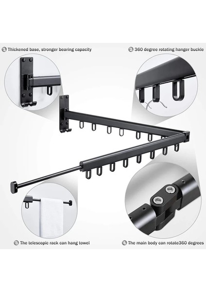 6hook-Siyah Tarzı Katlanır Elbise Askısı Duvara Monte Space-Saver Geri Çekilebilir Kurutma Rafı Teleskopik Havlu Askısı Kapalı Açık Dönen Organizatör (Yurt Dışından)