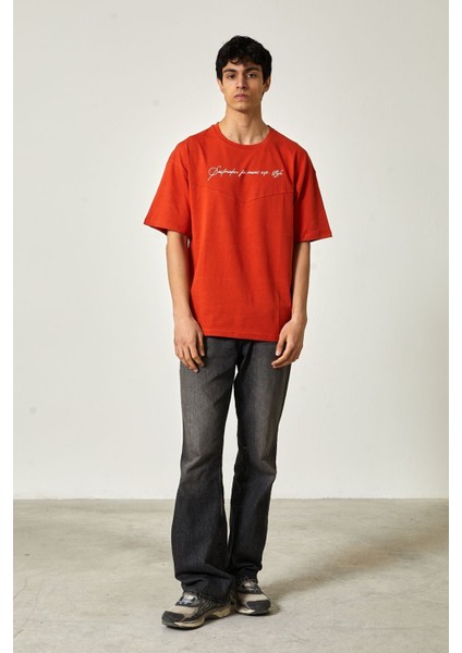 Yarım Oversize Baskılı T-Shirt S - Turuncu