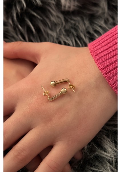 14 Ayar Altın Şerit Ucunda Top Küpe modelleri