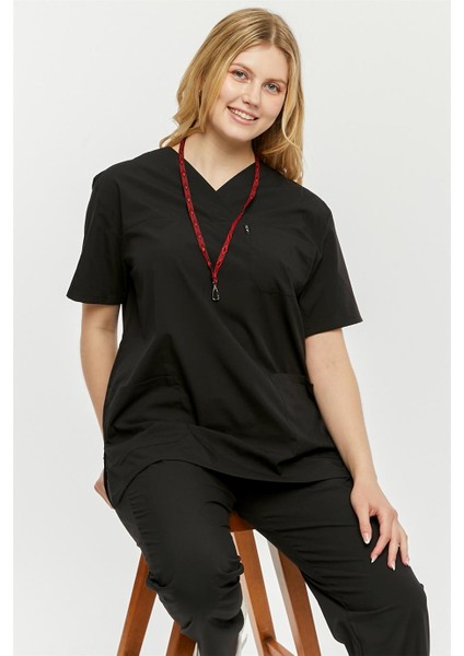 Ultralycra Comfy - Büyük Beden Likralı Doktor Hemşire Forma Takımı (Unı), Siyah