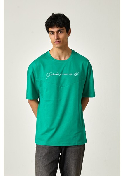 Yarım Oversize Baskılı T-Shirt S - Yeşil