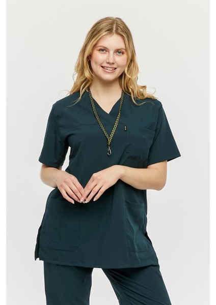 Ultralycra Comfy - Büyük Beden Likralı Doktor Hemşire Forma Takımı (Unı), Koyu Yeşil