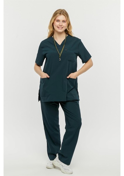 Ultralycra Comfy - Büyük Beden Likralı Doktor Hemşire Forma Takımı (Unı), Koyu Yeşil modelleri