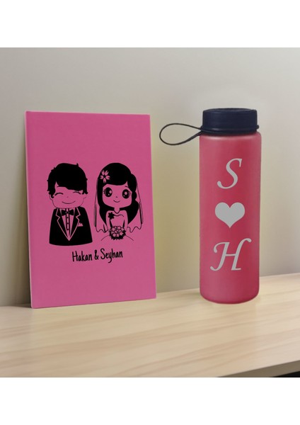Sevgiliye Özel Isimli Pembe Defter ve Fuşya Cam Matara Hediye Seti-1, Sevgiliye Hediye, Sevgililer Günü, Yeni iş hediyesi