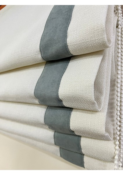 Ekru Keten Fon Üzerine Çağla Yeşil Biyeli Katlamalı Perde modelleri