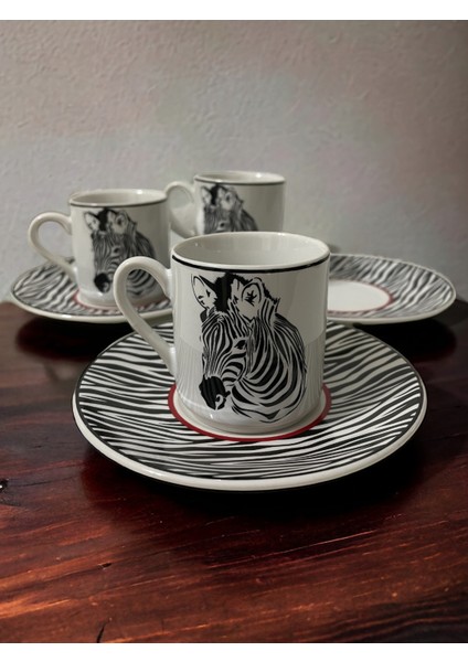 Dekoratif Şık Tasarım Siyah Beyaz Zebra Motifli 3 Kişilik Kahve Fincan Seti