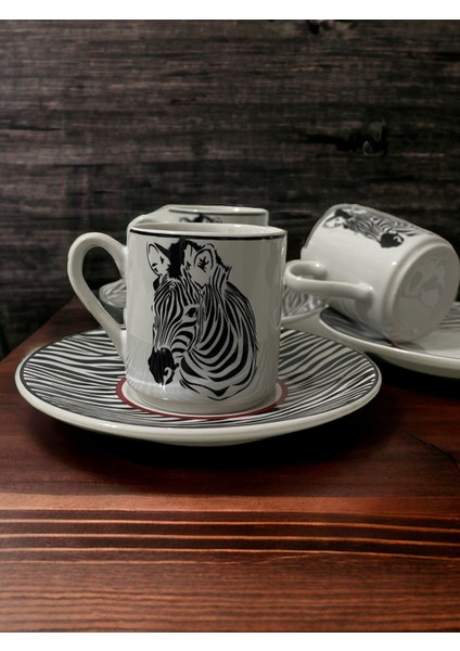 Dekoratif Şık Tasarım Siyah Beyaz Zebra Motifli 3 Kişilik Kahve Fincan Seti