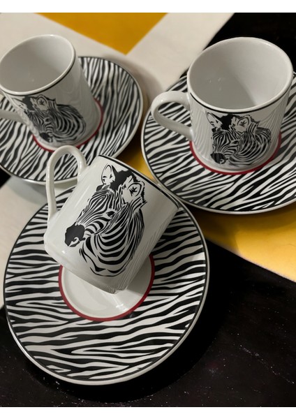 Dekoratif Şık Tasarım Siyah Beyaz Zebra Motifli 3 Kişilik Kahve Fincan Seti