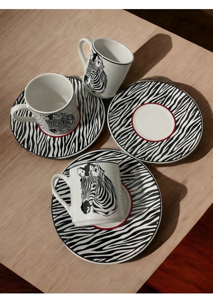 Dekoratif Şık Tasarım Siyah Beyaz Zebra Motifli 3 Kişilik Kahve Fincan Seti