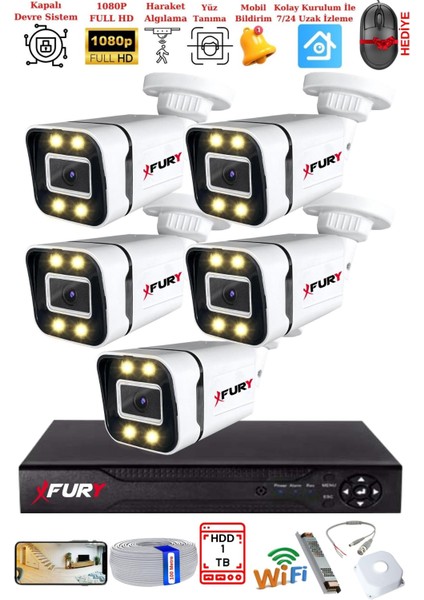 5 Kameralı 1080P Görüntü Gece Renkli Full Hd 4 x Ultra LED Gece Renkli Güvenlik Kamerası Seti 1 Tb