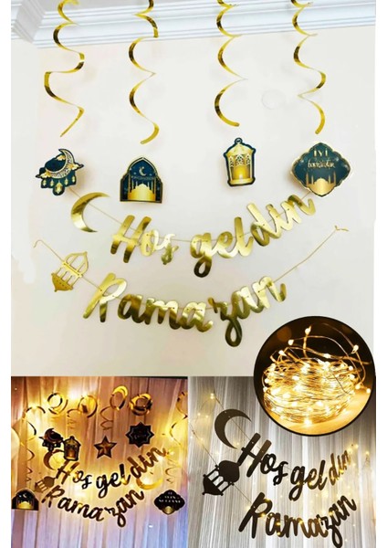 LED Işık Hoşgeldin Ramazan Gold Banner Yazı Iyi Bayramlar 6'lı Tavan Süs Ramazan