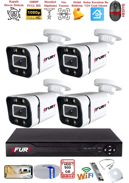 4 Kameralı 1080P Görüntü Gece Renkli Full Hd 4 x Ultra LED Gece Renkli Güvenlik Kamerası Seti 500 GB