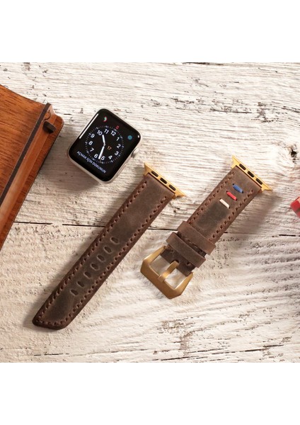 Apple Watch 42MM 44MM 45MM 49MM Ultra Ultra 2 Seri 3 / 4 / 5 / 6 / Se / 7 / 8 / 9 Kahverengi Deri Kordon Hakiki Crazy Deri Kayış indirimleri