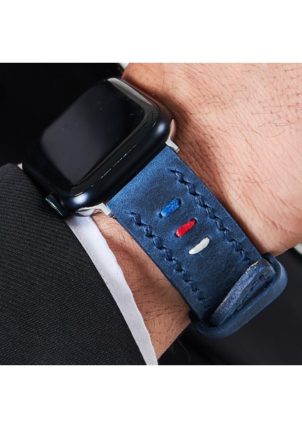 Apple Watch Deri Kordon 42MM 44MM 45MM 49MM 3 / 4 / 5 / 6 / Se / 7 / 8 / Ultra / Ultra 2 Mavi Deri Kayış