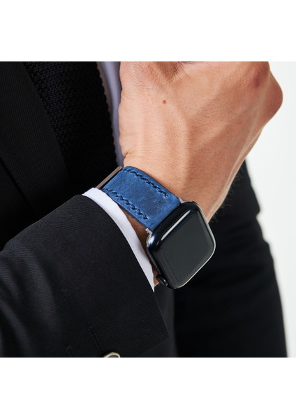 Apple Watch Deri Kordon 49MM 45MM 44MM 42MM 3 / 4 / 5 / 6 / Se / 7 / 8 / Ultra / Ultra 2 Mavi Deri Kayış
