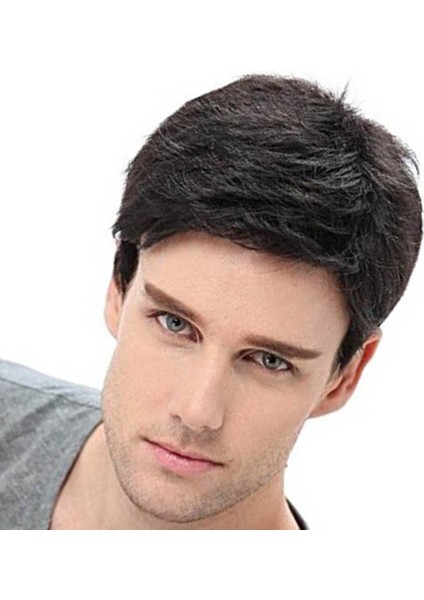 Adam Eğik Patlama Saç Siyah Için Doğal Gerçekçi Yüksek Sıcaklık Fiber Peruk (Yurt Dışından) fırsatları