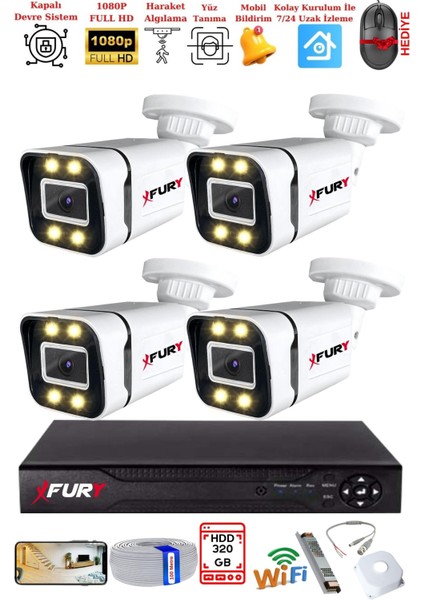 4 Kameralı 1080P Görüntü Gece Renkli Full Hd 4 x Ultra LED Gece Renkli Güvenlik Kamerası Seti 320 GB