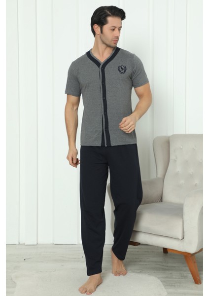 Flk 8180 Pamuklu Penye Erkek Düğmeli Kısa Kollu Pijama Takımı