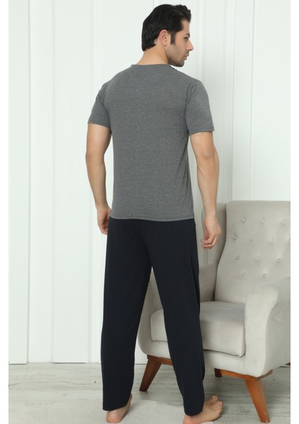 Flk 8180 Pamuklu Penye Erkek Düğmeli Kısa Kollu Pijama Takımı