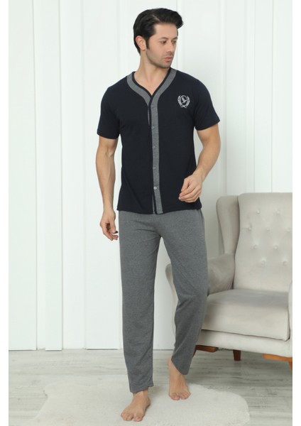 Flk 8180 Pamuklu Penye Erkek Düğmeli Kısa Kollu Pijama Takımı