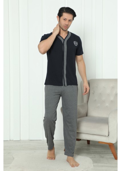 Flk 8180 Pamuklu Penye Erkek Düğmeli Kısa Kollu Pijama Takımı