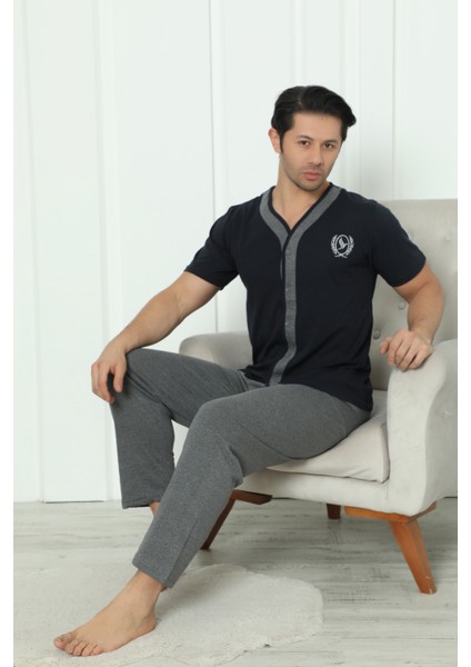 Flk 8180 Pamuklu Penye Erkek Düğmeli Kısa Kollu Pijama Takımı