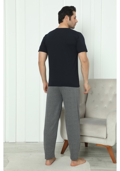 Flk 8180 Pamuklu Penye Erkek Düğmeli Kısa Kollu Pijama Takımı