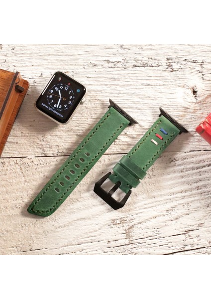 Apple Watch Kordon 42MM 44MM 45MM 49MM 3 / 4 / 5 / 6 / Se / 7 / 8 / Ultra / Ultra 2 Deri Kordon Deri Kayış Yeşil