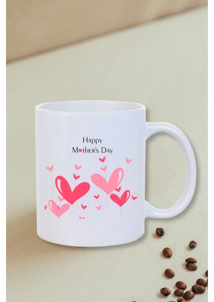 Anneler Günü Hediyesi Happy Mother's Pembe Kalpli Kupa Bardak- Çay Kahve Kupası-Arkadaş Doğum Günü