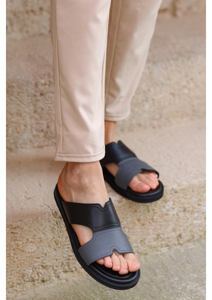 Hakiki Deri Bantlı Çift Renkli Erkek Terlik