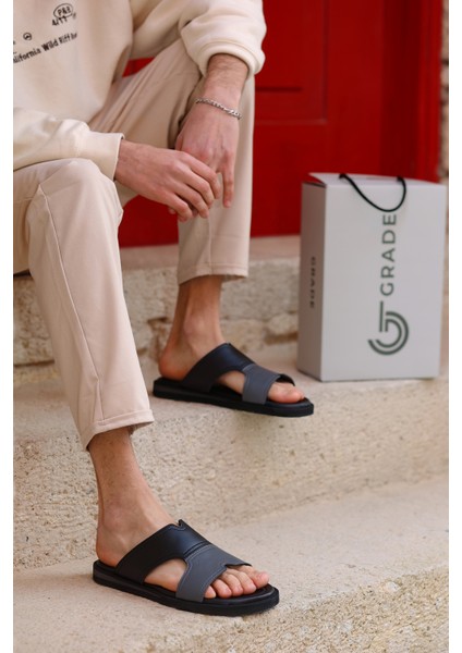 Hakiki Deri Bantlı Çift Renkli Erkek Terlik modelleri