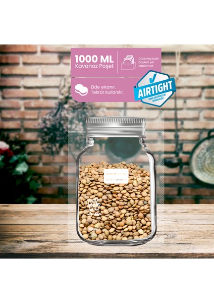 Büyük Boy Gümüş Metal Kapaklı Kavanoz Görünümlü Saklama Poşeti 10 Adet 1000 ml
