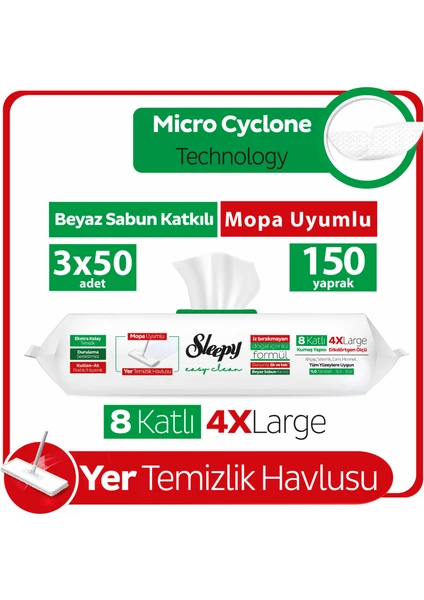 Easy Clean Beyaz Sabun Katkılı Mopa Uyumlu Yer Temizlik Havlusu 3X50 (150 Yaprak)