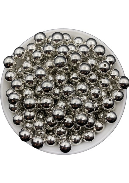 12MM Gümüş-Nikel Renk Ccb Metalize Metal Görünümlü Plastik Boncuk,takı Boncuğu (100GR,~95 Adet)