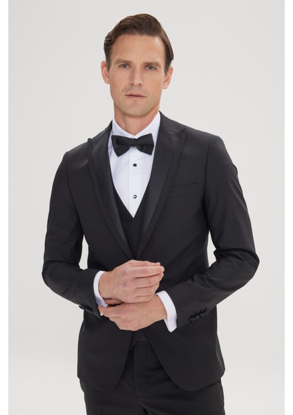 Slim Fit Dar Kesim Kırlangıç Yaka Yünlü Yelekli Smokin Takım