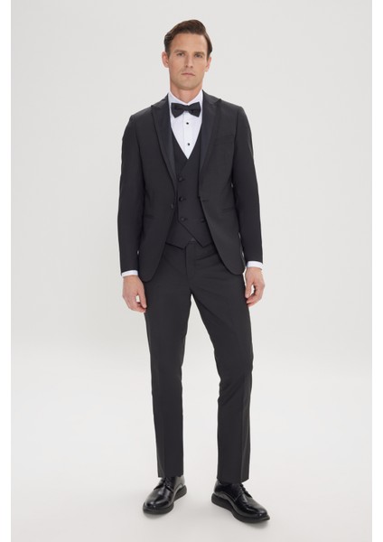 Slim Fit Dar Kesim Kırlangıç Yaka Yünlü Yelekli Smokin Takım fiyatları